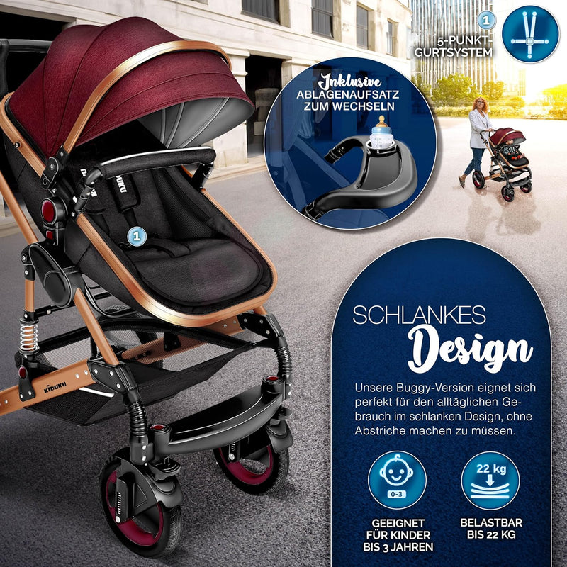 KIDUKU® 3 in 1 Kinderwagen XXL Komplettset | Kombikinderwagen Set inkl. Babywanne Buggy Sportsitz &