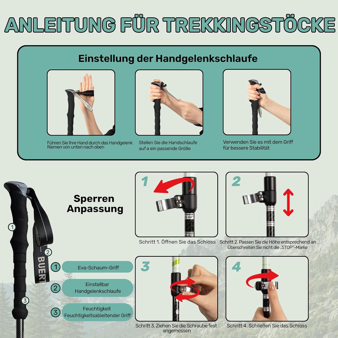 Carbon Trekkingstöcke 2er Set – Nordic Walking Stöcke Damen Herren, Wanderstöcke Teleskop Faltbar, U