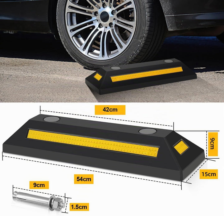 4 x Gummi Radstopper, 54x15x10cm Parkplatzbegrenzung, Parkplatzsperre mit Gelb Reflektierende Streif