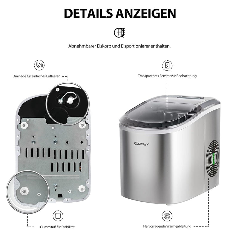 COSTWAY 2,2 L Eiswürfelmaschine 12kg/24H, Ice Maker 9 Eiswürfel in 6-13min, Elektrischer Eiswürfelbe