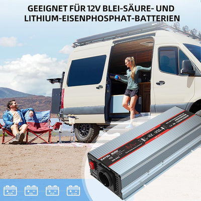 DATOUBOSS 1200W Wechselrichter 12V Auf 230V Reiner Sinus Spannungswandler Spitzenleistung 2500W Mit