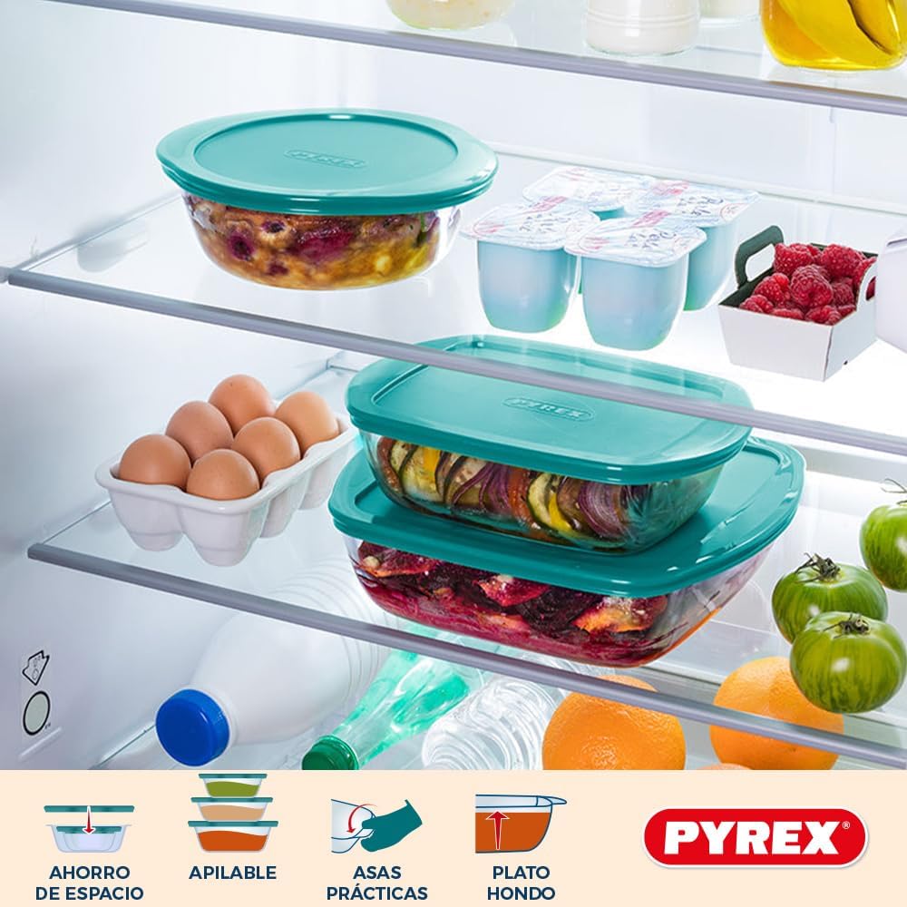 Pyrex® - Cook & Store - 3er Set eckige Vorratsschalen aus Glas mit Deckel (0,35l; 1l; 2,2l) - BPA-fr