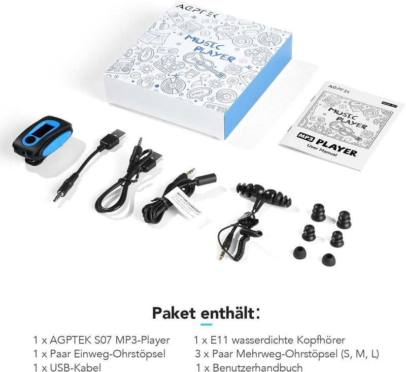 AGPTEK IPX8 Wasserdicht MP3 Player, 8GB HiFi MP3 Musik Player zum Schwimmen und Laufen, mit wasserdi