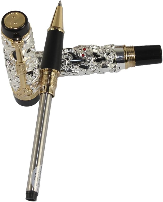 Gullor Edelste Drache und Phoenix Rollerball mit PU-Leder-Feder-Beutel - Silber und Schwarz Silver a