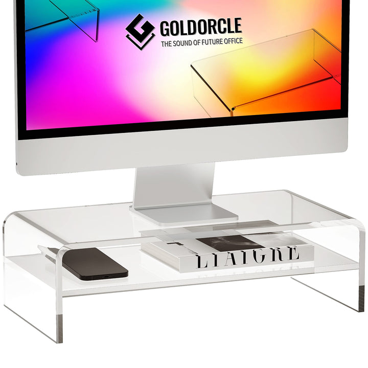GOLDORCLE 2-Tier Acrylic Monitor Stand Riser Clear Computer Monitor Stand for Laptop PC Printer Comp
