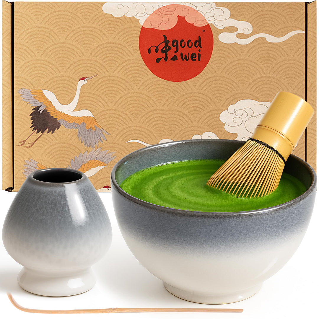 Goodwei Matcha Set komplett mit Matchabesen, Matcha Löffel und Matcha Schale aus Keramik mit Besenha