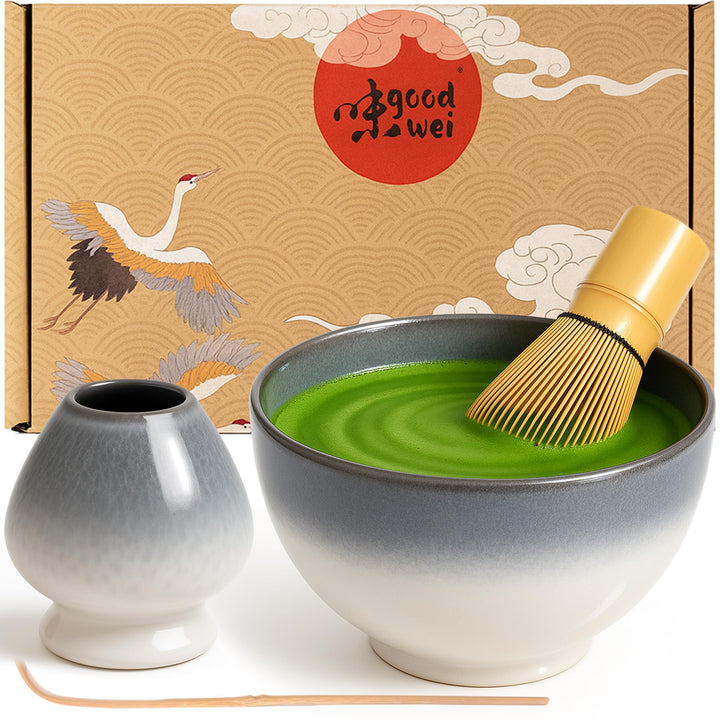 Goodwei Matcha Set komplett mit Matchabesen, Matcha Löffel und Matcha Schale aus Keramik mit Besenha