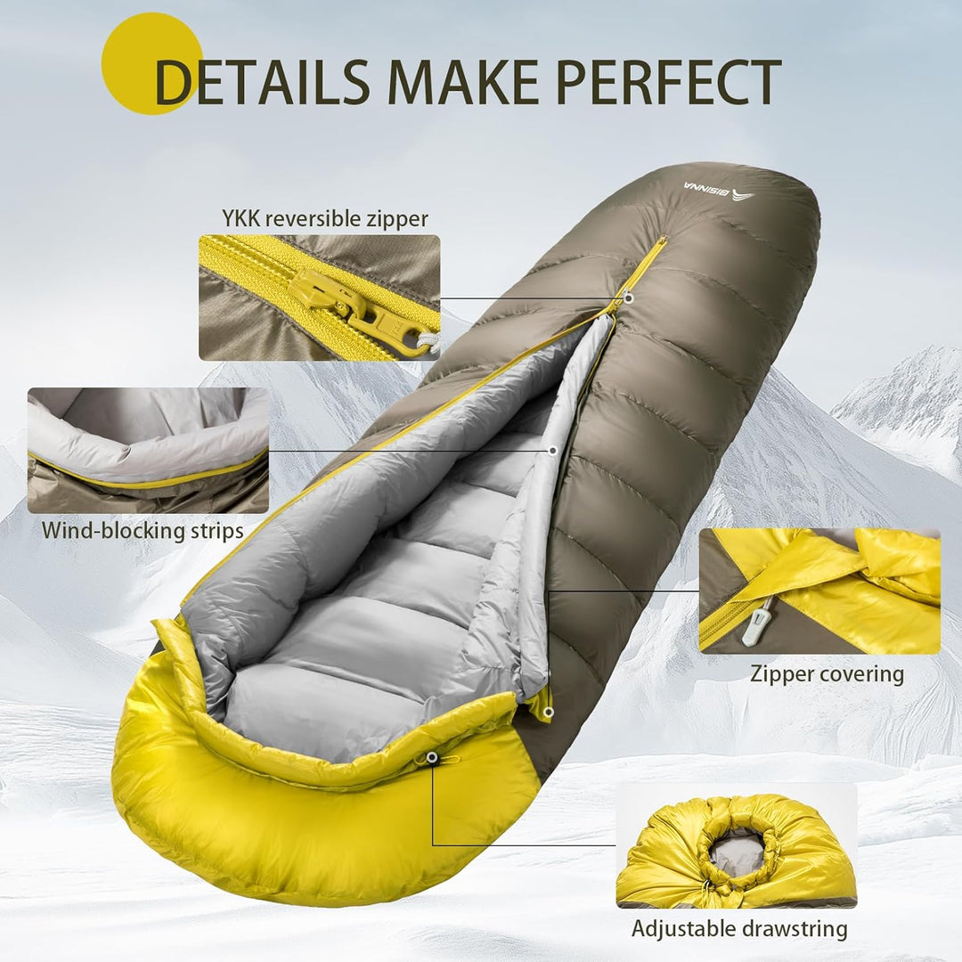 BISINNA Ultraleichter Daunenschlafsack in Mumienform | bis 0°C wintertauglich, 600-1000g Leichtgewic