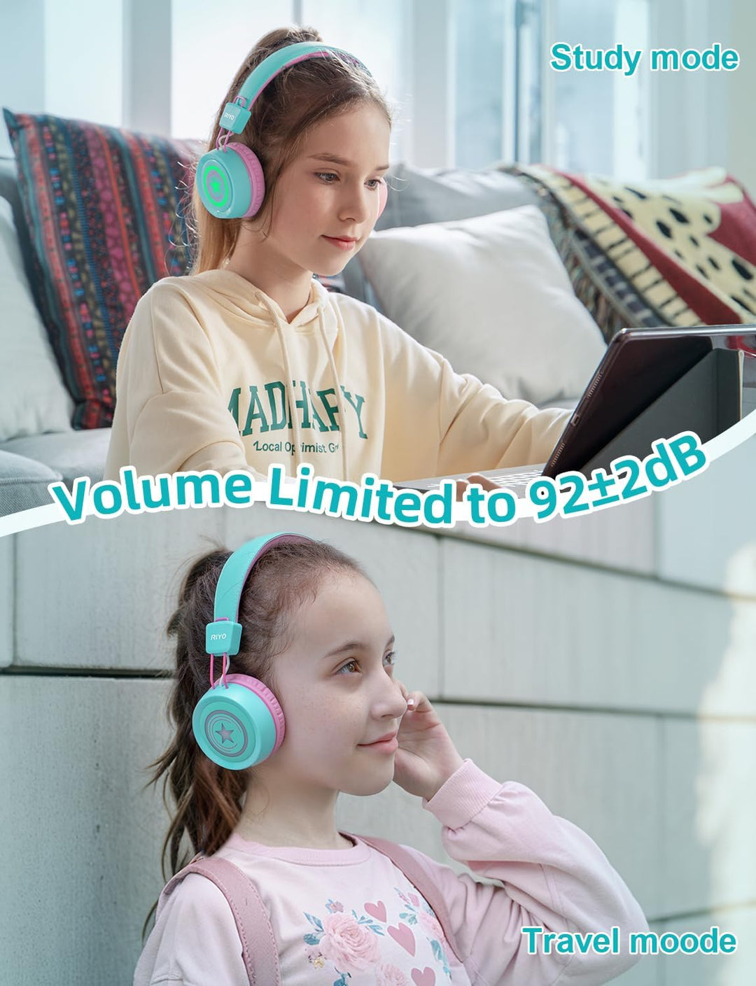 riyo Bluetooth Kopfhörer Kinder, Kinderkopfhörer Kabellos mit LED-Leuchten Bluetooth 5.0 Kinder Kopf