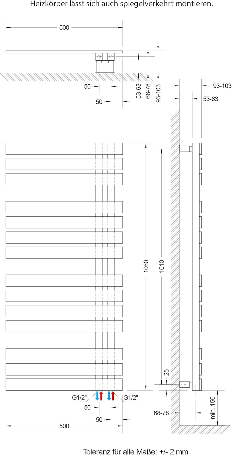 Schulte H02410650 Badheizkörper Breda, 106 x 50 cm, 477 Watt Leistung, Anschluss unten, Café braun,