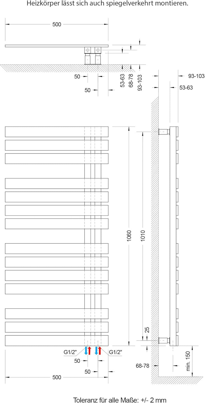 Schulte H02410650 Badheizkörper Breda, 106 x 50 cm, 477 Watt Leistung, Anschluss unten, Café braun,