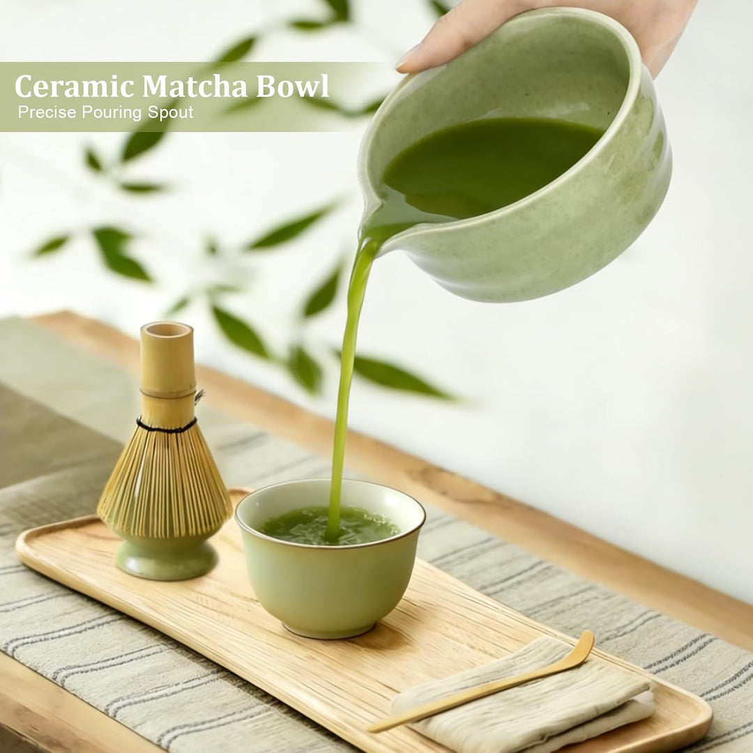 5 Stück Matcha Set, Japanisches Matcha Tee Set mit Bambusbesen, Keramik Schale mit Ausgiesser, Edels