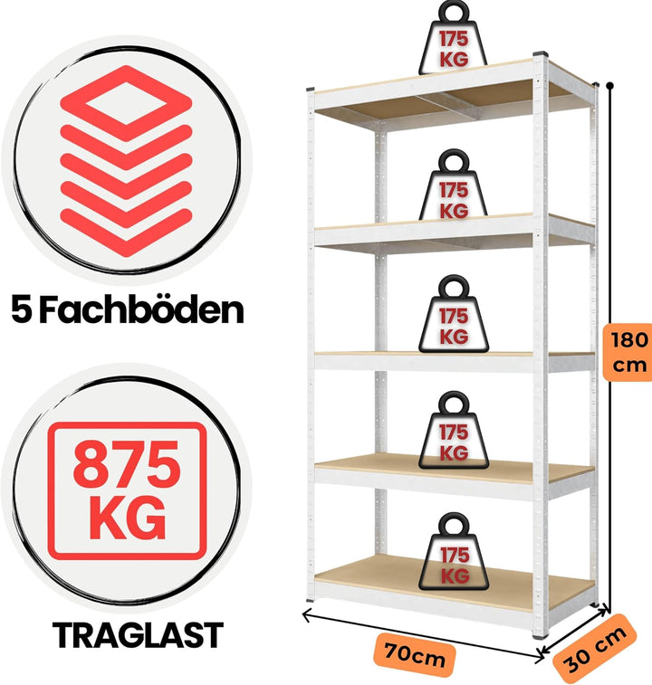 baudim - 180x70x30cm Schwerlastregal/Steckregal mit 5 Böden und 175kg Tragkraft, Metallregal, Garage