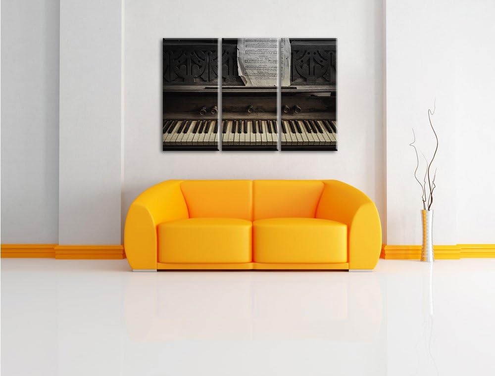 Pixxprint Antikes Klavier mit Notenblatt Schwarz/Weiss 3-Teiler Leinwandbild 120x80 Bild auf Leinwan