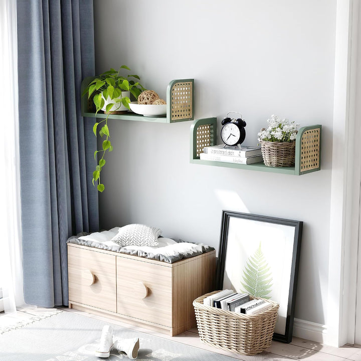 2er Set Rattanregal – Boho Wandregal &amp; Boho Deko in Grün, Hängeregal für Kinderzimmer, Wohnzimmer &amp;