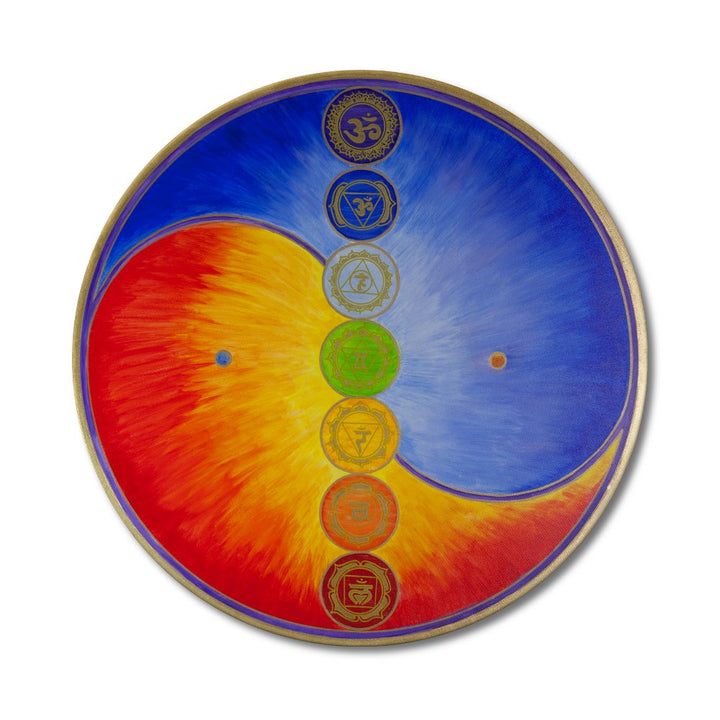 Wandbild Yin Yang mit 7 Chakra Symbolen - Grösse 80 cm rund - HANDGEMALT - Acrylfarbe auf Leinwand -