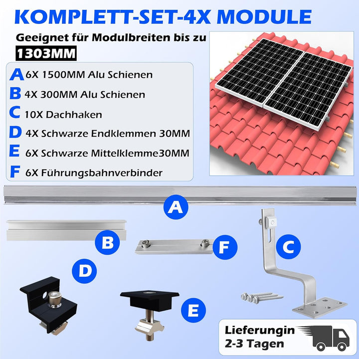 Warmfay Solarmodul Halterung Ziegeldach, 1500MM Lange Profilschienen Dachhaken Photovoltaik Dachzieg