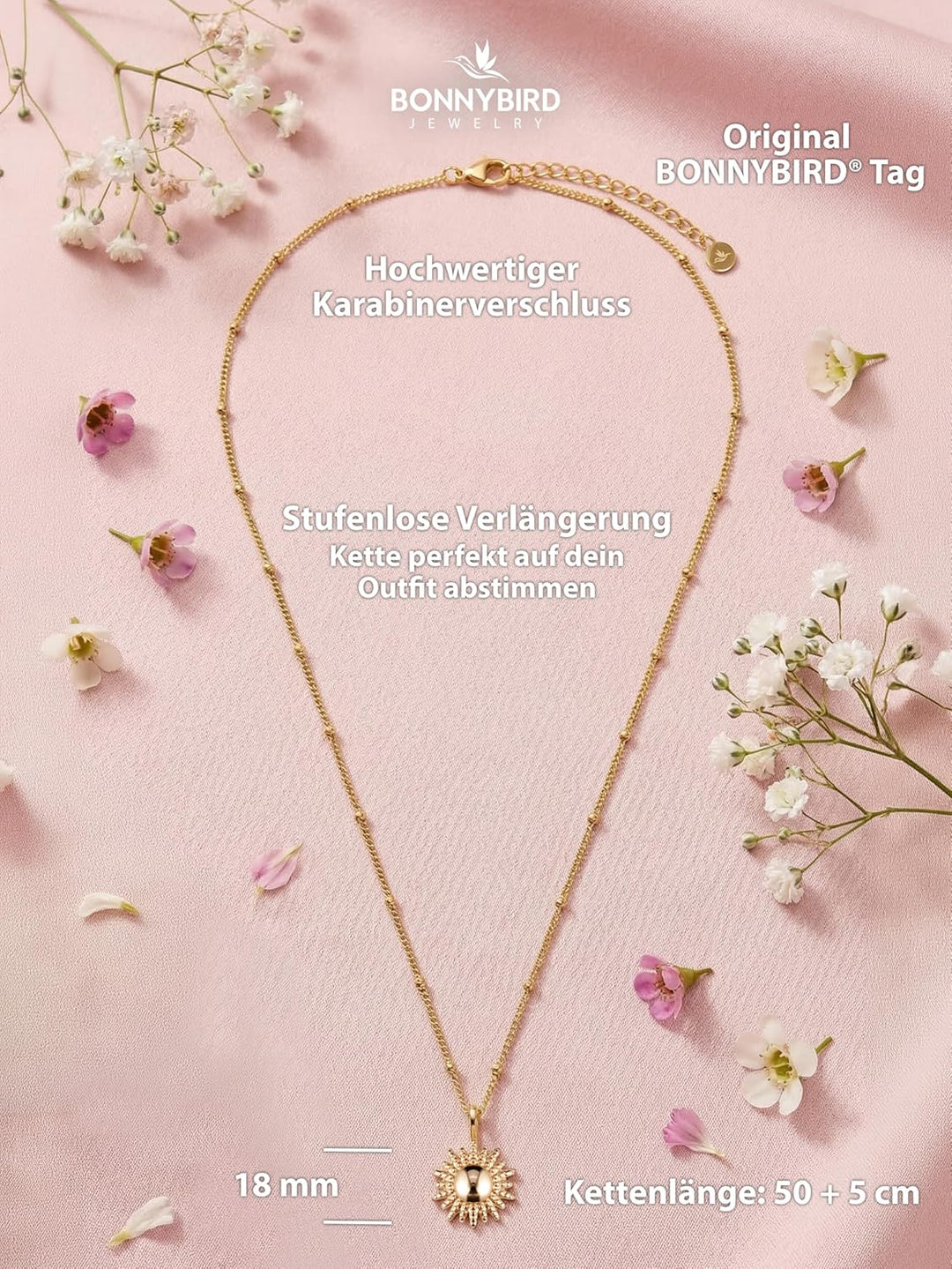 BONNYBIRD® Kette Sonne Damen BonnySun - Premium Halskette Damen mit Sonne Anhänger aus Edelstahl in