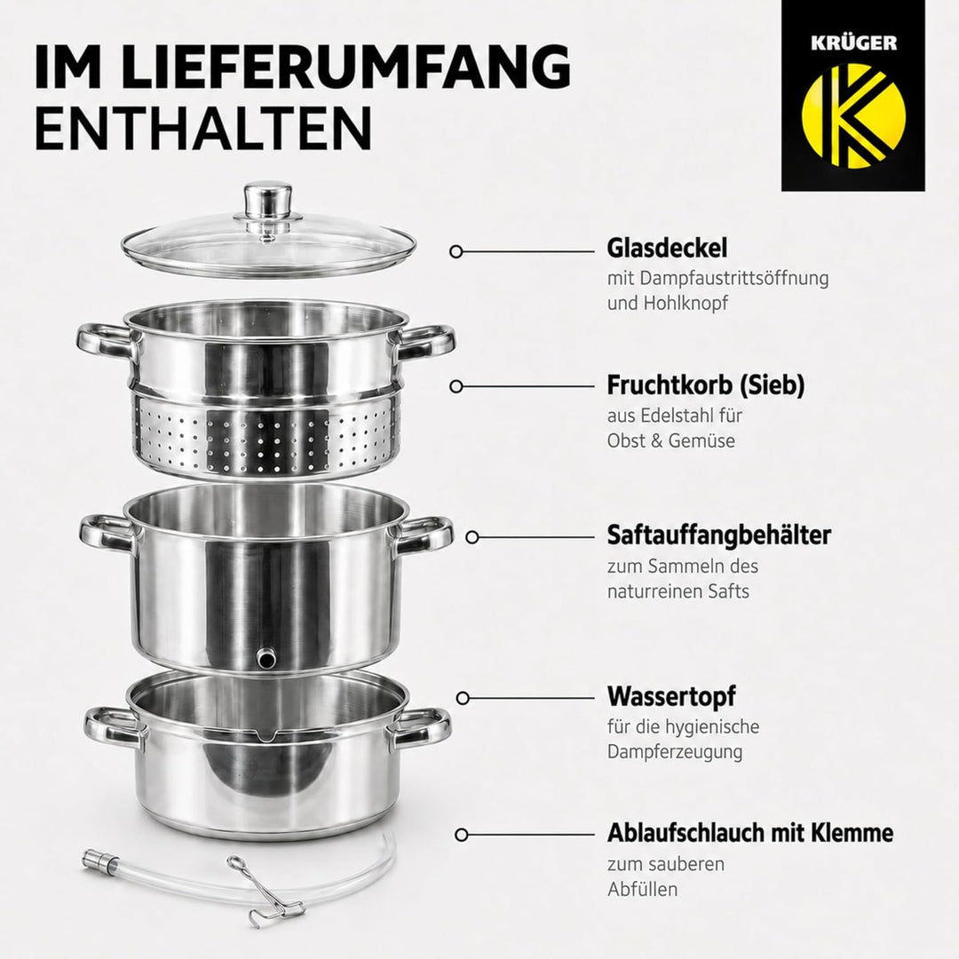 Krüger Edelstahl-Frucht-Entsafter 26cm - schonendes Entsaften von Obst und Gemüse - nach Dampfentsaf