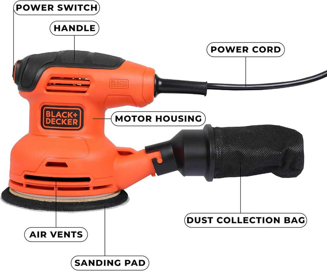 Black+Decker Exzenterschleifer (230W, Scheiben-Ø 125 mm, mit integrierter Staubabsaugung, zum Schlei