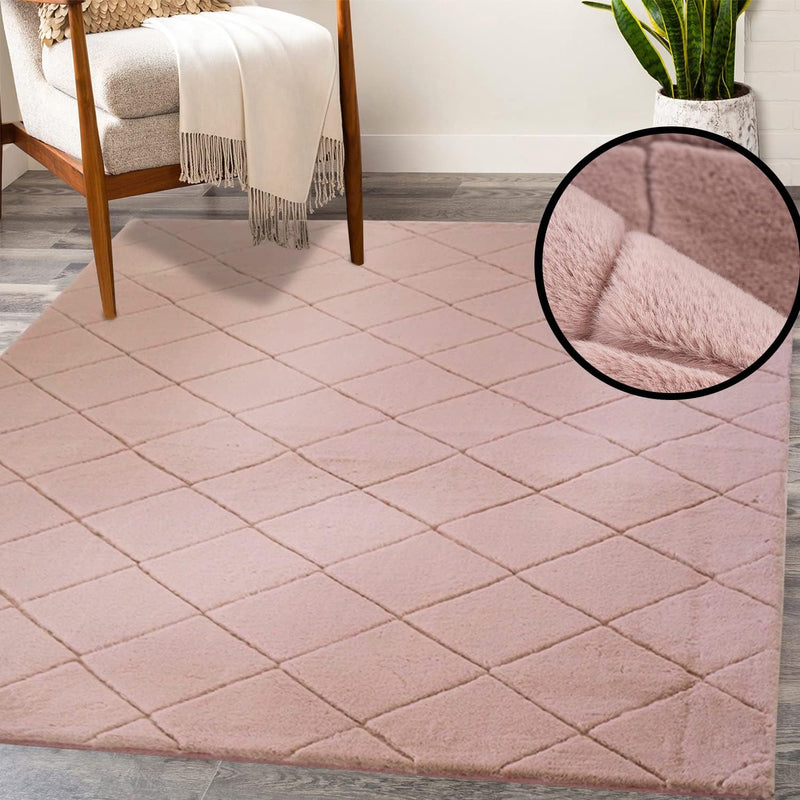 payé Teppich - Wohnzimmer Kuschwelweich 80x150cm Powder Pink Flauschig Karo Muster Modern Deko Teppi