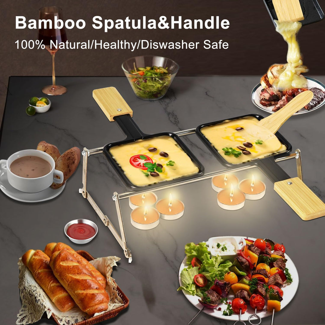 Tragbares Mini Raclette Set für 2 Personen, 2 Antihaft Pfännchen mit Bambusgriff, 2 Bambusspatel, Kl