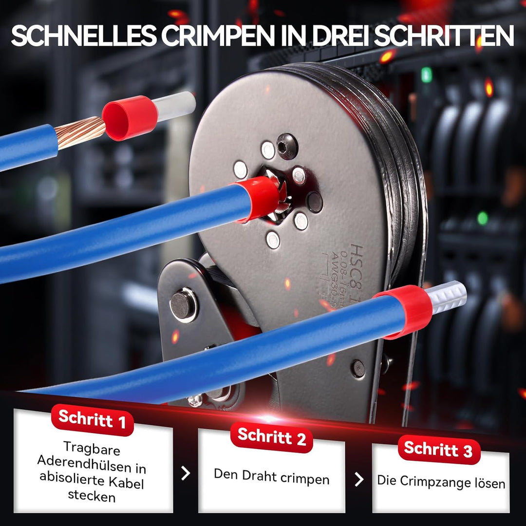 Donken Crimpzange 0.08-16mm² Set, Aderendhülsenzange Crimp Zange Sechskant Presszange mit 1200 Stück