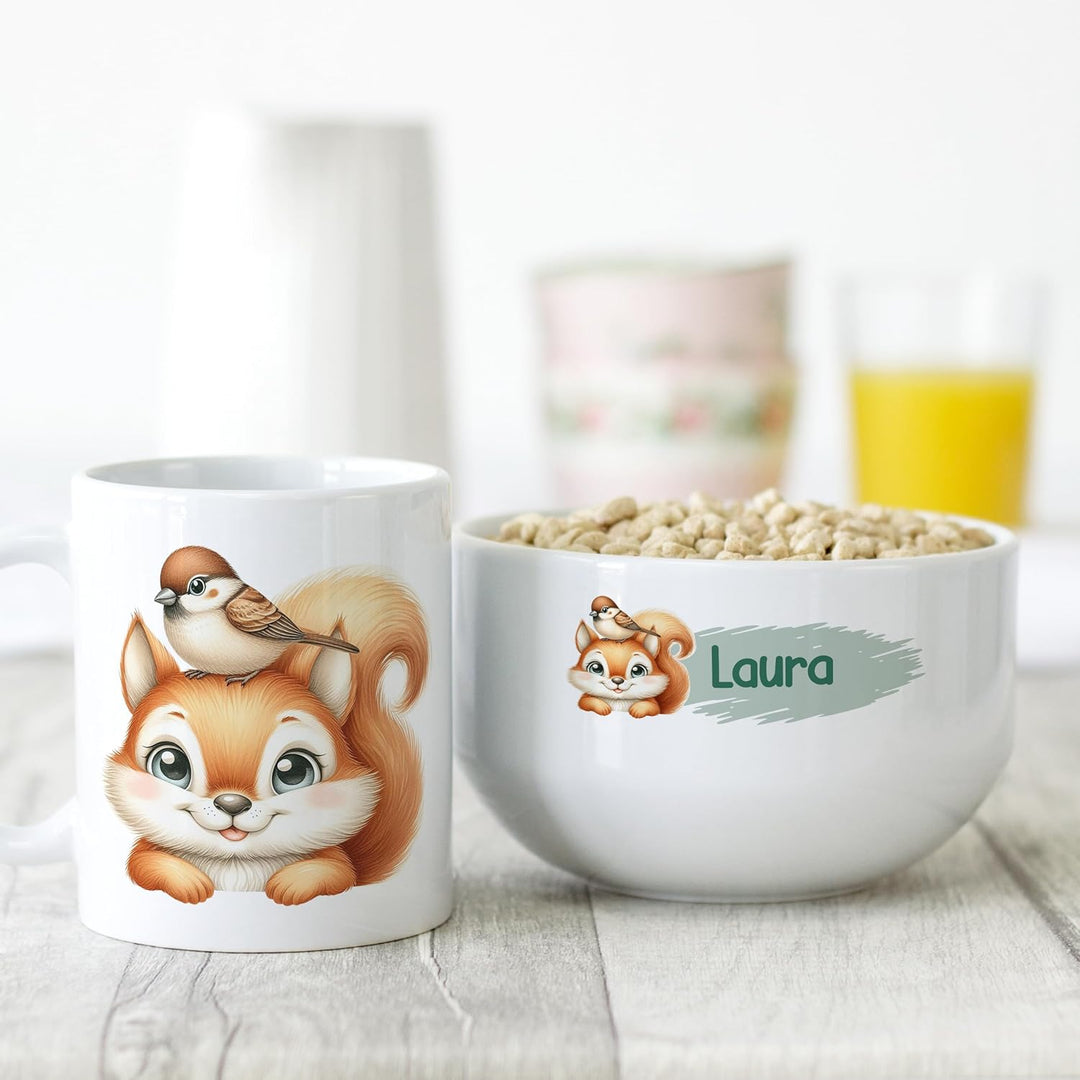 GRAZDesign Frühstückset Tasse mit Müslischale personalisiert für Kinder Eichhörnchen Motiv aus Keram