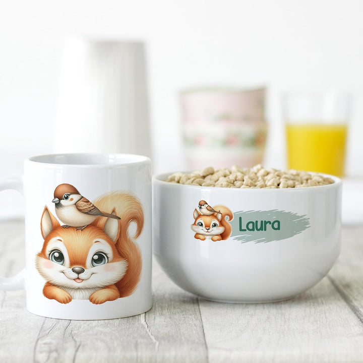 GRAZDesign Frühstückset Tasse mit Müslischale personalisiert für Kinder Eichhörnchen Motiv aus Keram