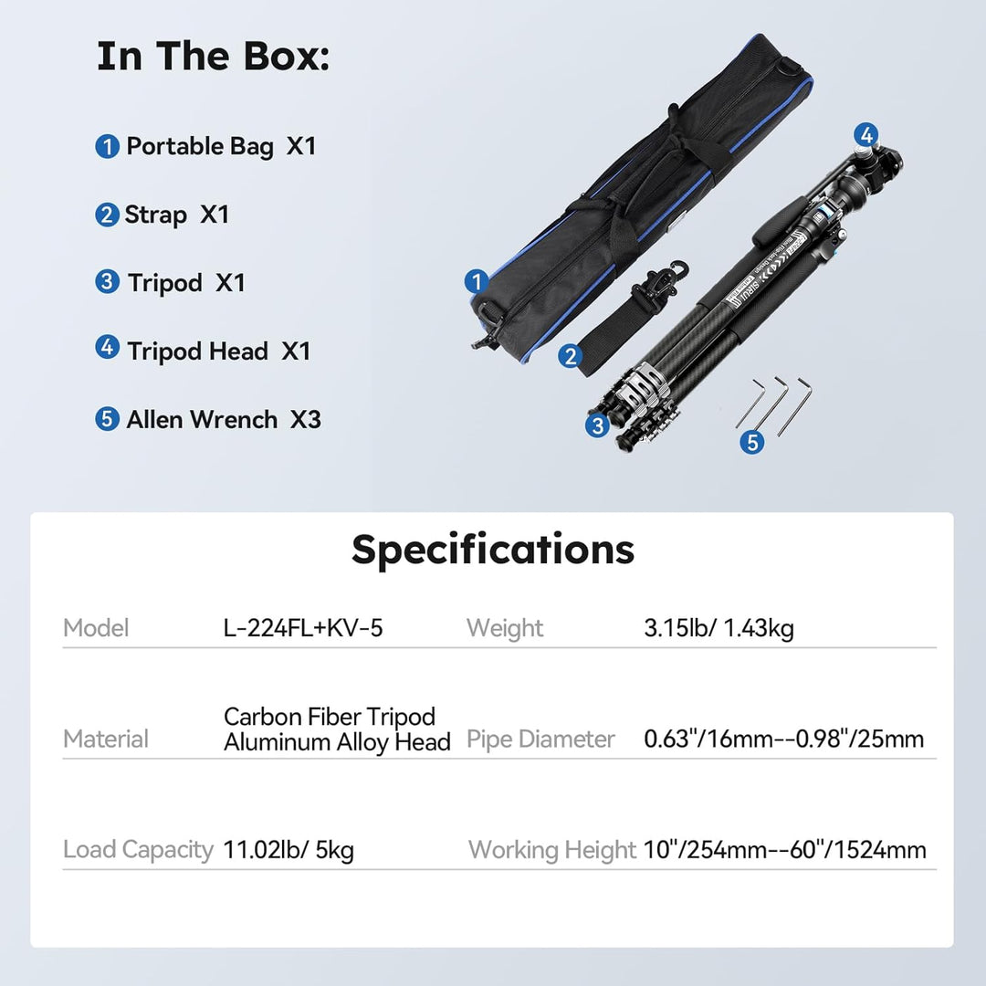SIRUI L-224FL+KV-5 Carbon Fiber Reise-Stativ Set mit Fluidkopf | Leichtes Profi-Stativ 1.43kg, 152cm