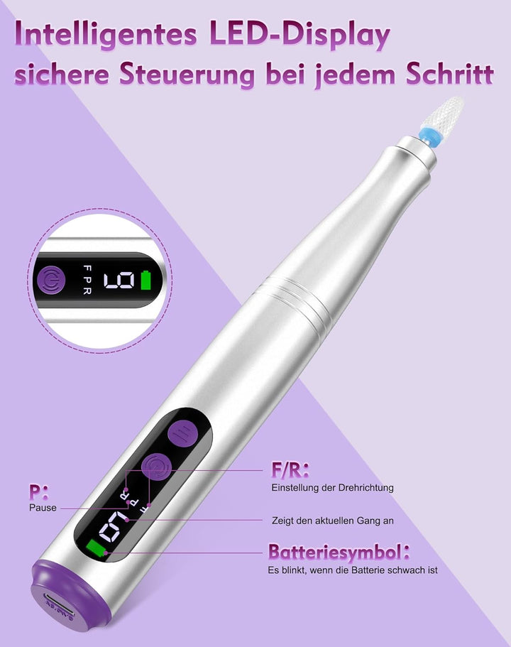 Nagelfräser Kabellos, 12 in 1 Elektrische Nagelfeile 9 Verstellbare Geschwindigkeit Fräser für Gelnä