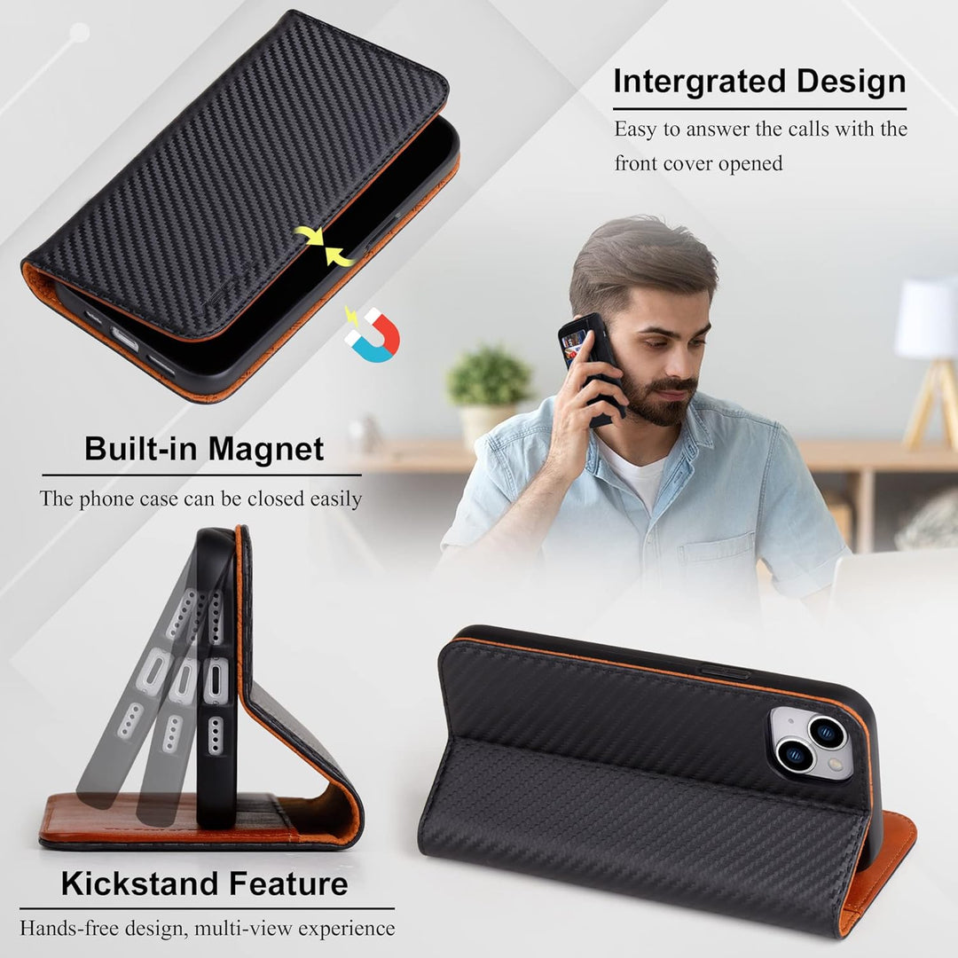VISOUL iPhone 14 Plus Hülle, Handyhülle [100% Carbon Leder] [RFID Schutz] [Schützt vor Stoss] [Stand
