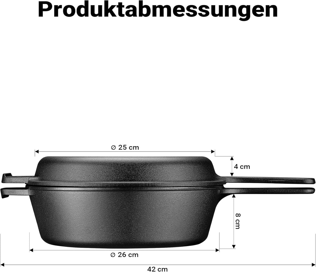 Wiltec 2in1 Dutch Oven 42 x 26 x 12 cm Grilltopf aus Gusseisen, Schmortopf mit Doppelfunktion 4,6L,