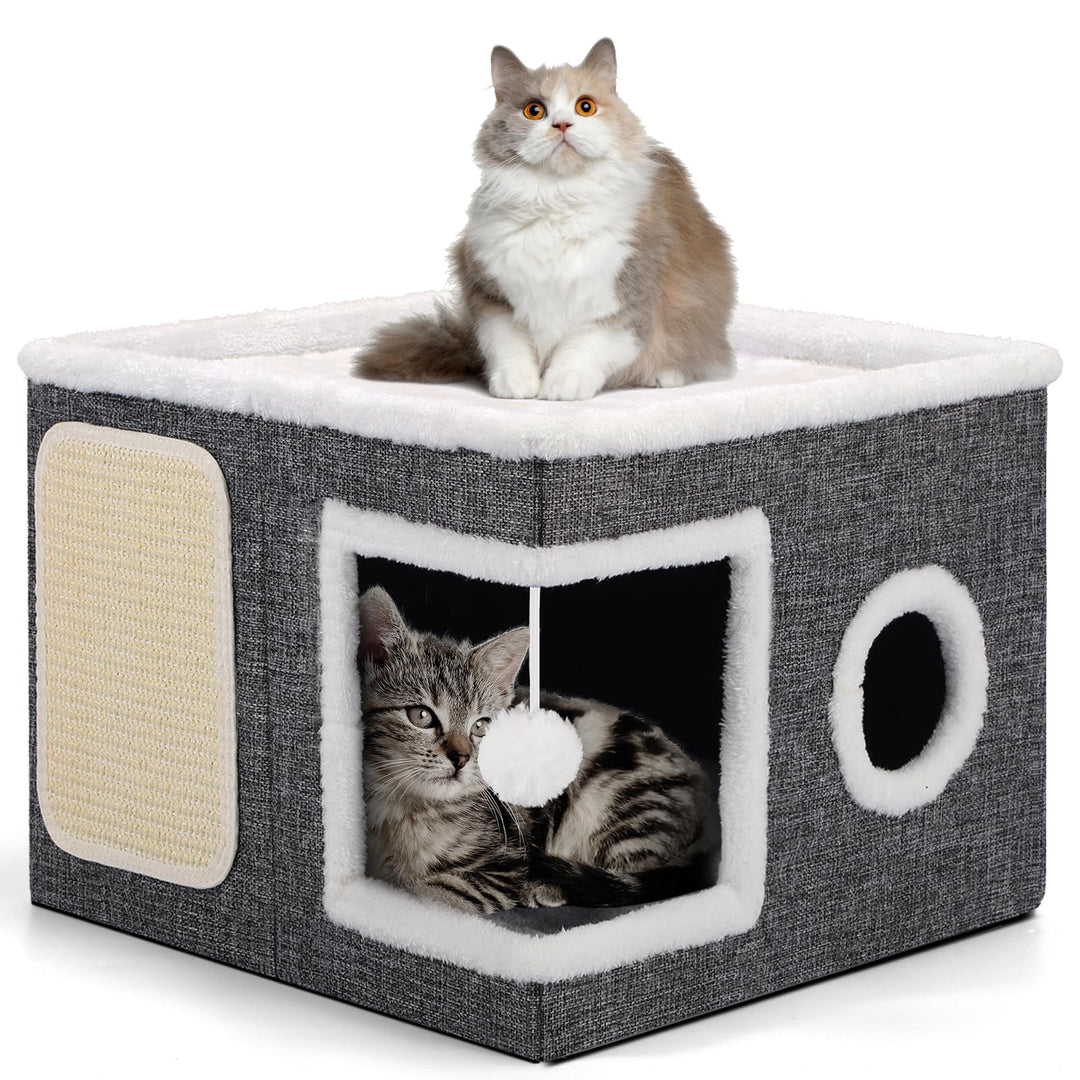 Faltbares Katzenhaus Indoor grosse Katzen, 43L x 43B x 32H cm Grosse Katzenhöhle mit Kratzbrett und