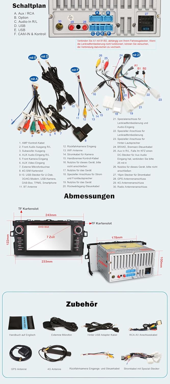 ERISIN 7 Zoll 8-Kern 4GB RAM+64GB ROM Android 14 Autoradio Bluetooth GPS Navigation für Toyota Auris