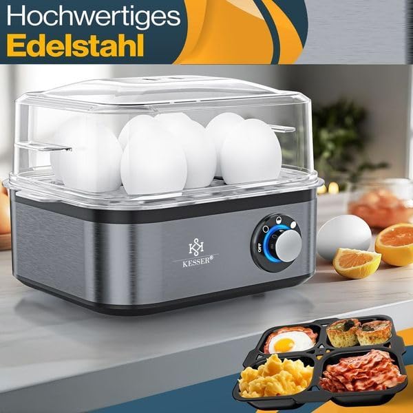 KESSER® Eierkocher für 1 bis 8 Eier elektrisch aus Edelstahl 500W & Warmhaltefunktion | LED-Drehscha