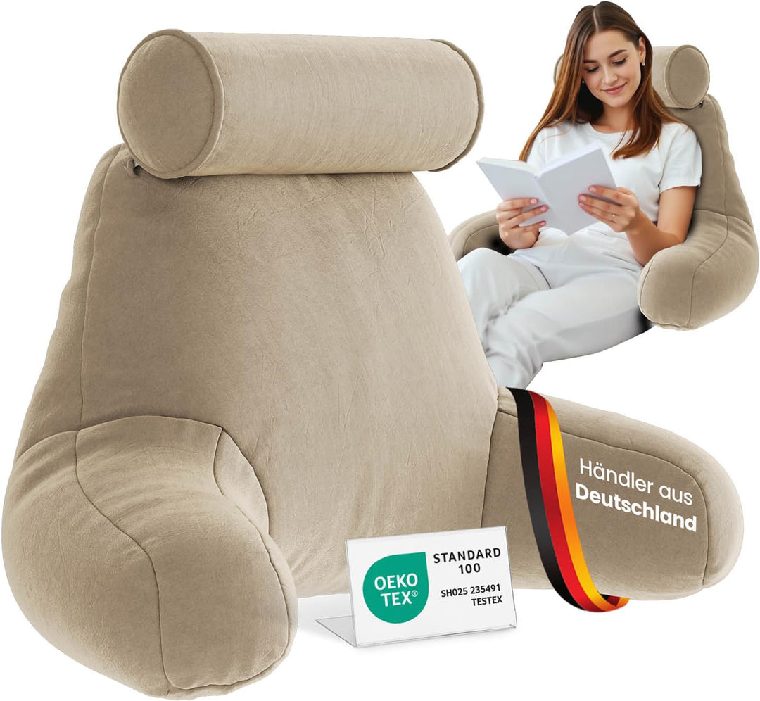 ELONEO Rückenkissen, Lesekissen für Bett und Sofa mit Armlehnen und Abnehmbarer Nackenrolle – Ideal