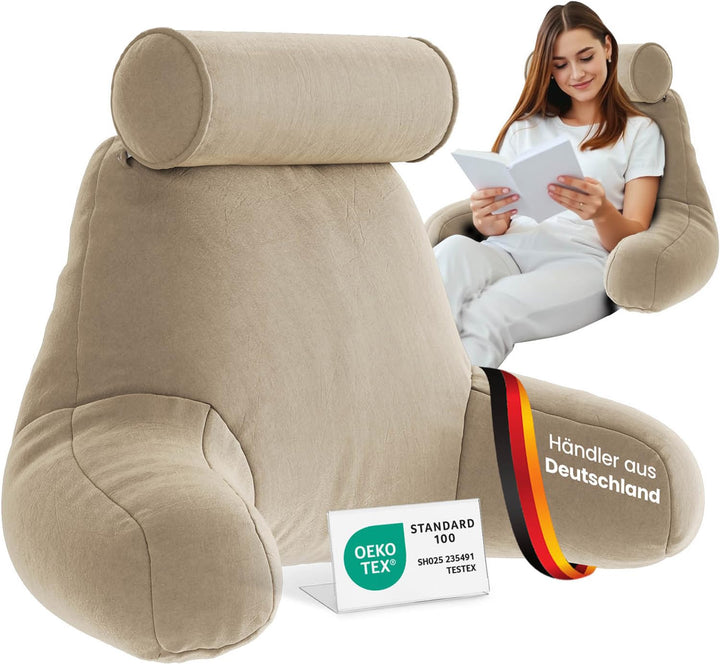 ELONEO Rückenkissen, Lesekissen für Bett und Sofa mit Armlehnen und Abnehmbarer Nackenrolle – Ideal