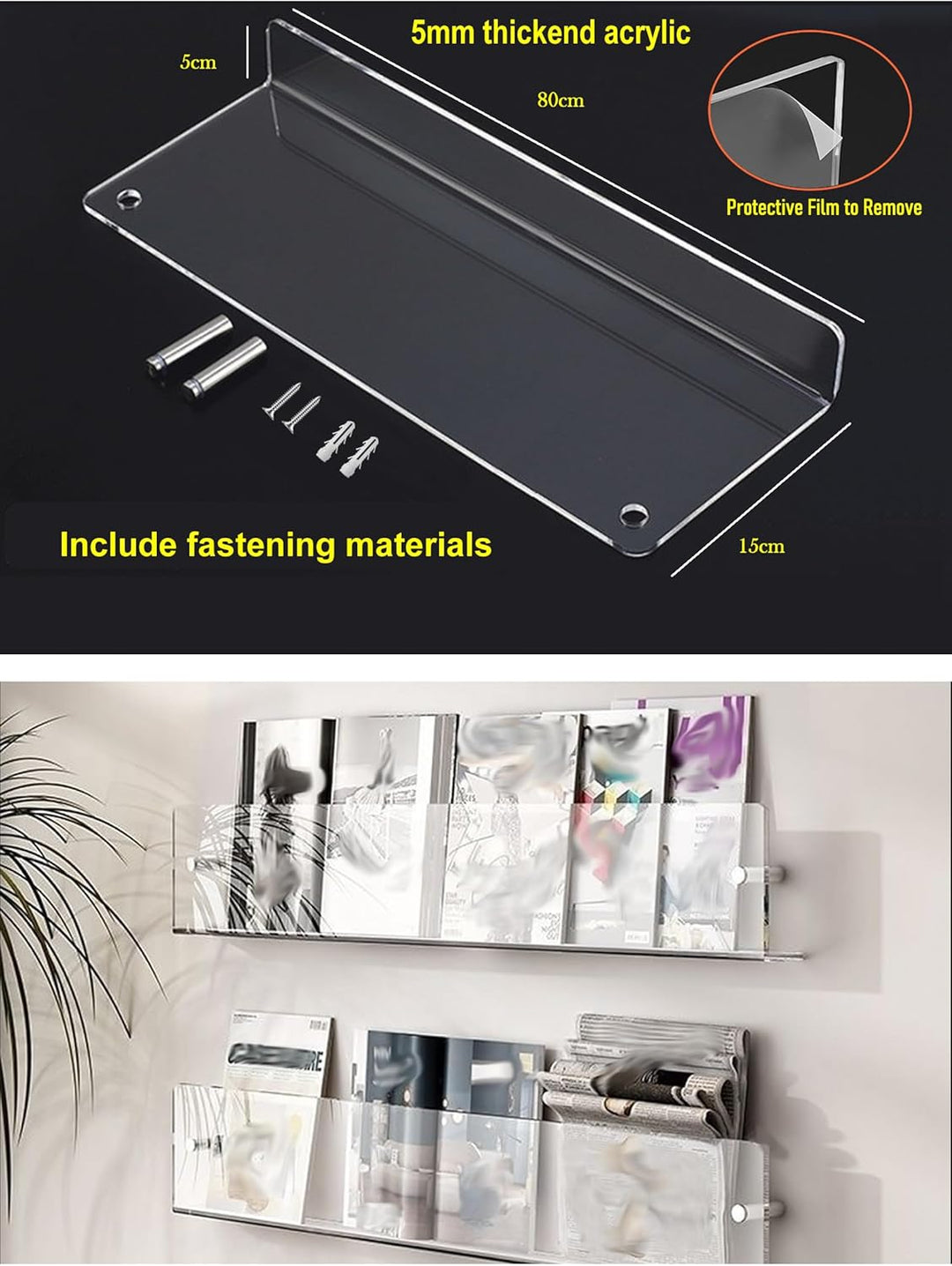 TUKA-i-AKUT 2er 80cm Wand Prospekthalter Acryl Extra Stark, Zeitschriftenhalter Wandregale für Zeits