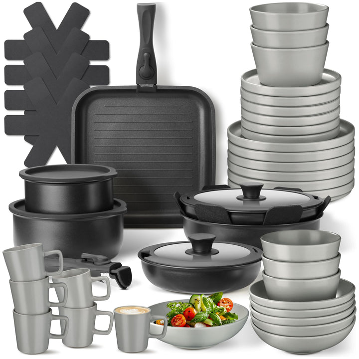 tectake® 47-tlg. Küchenstarterset, Steingut Geschirrset 6 Personen, Tassen, Teller Set, 2x Kochtopf,