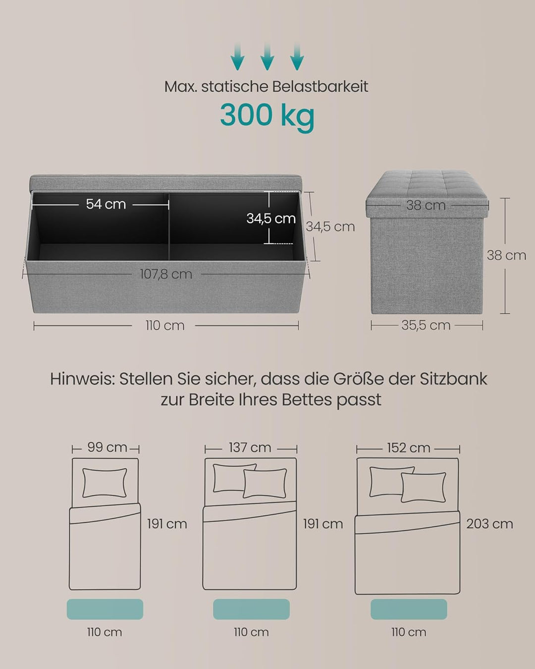 SONGMICS Sitzhocker mit Stauraum, klappbare Sitzbank, 38 x 110 x 38 cm Fussbank, Aufbewahrungsbox, b