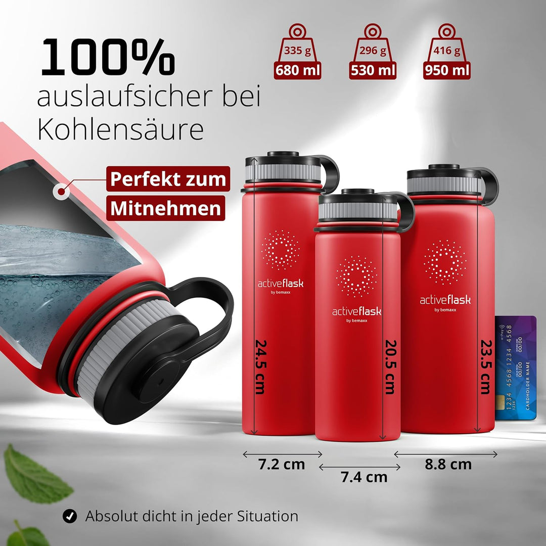Trinkflasche Edelstahl ACTIVE FLASK + Strohhalm (3 Deckel) BPA-frei, Auslaufsicher, Kohlensäure geei