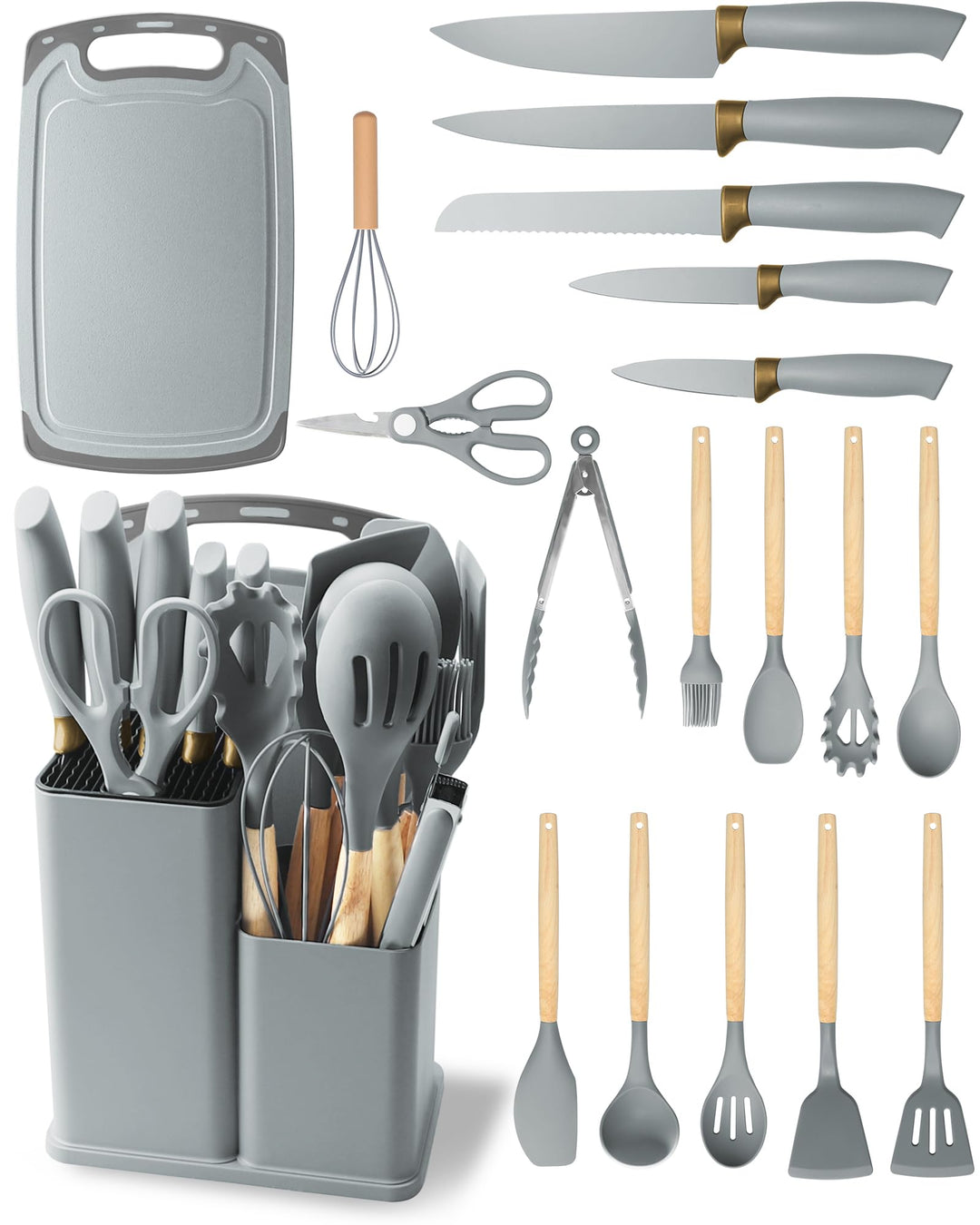 Küchenmesser Set 19-teilig – Küchenutensilien Set mit 5 Messer und 12 Silikon Küchenutensilien, Schn