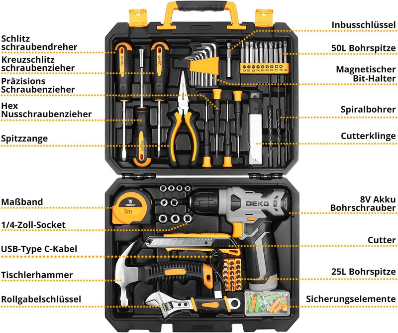DEKO 126 Stück Elektrowerkzeug Combo Kits mit 8V Akku Bohrer, 10MM 3/8&