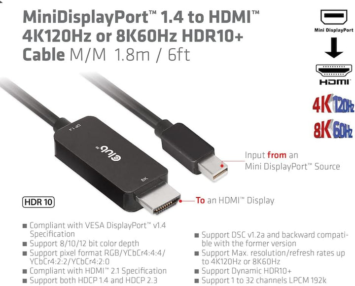 Club3D CAC-1187 MiniDisplayPort™ 1.4 auf HDMI™ 4K120Hz oder 8K60Hz HDR10+ Kabel 1,8m St./St., CAC-11