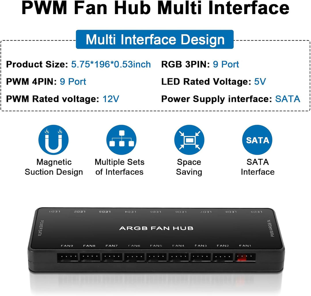 ARGB Fan Hub mit Controller, ARGB & PWM 2-in1 PC ARGB Lüfter Hub mit verstecktem Magnetsockel und SA
