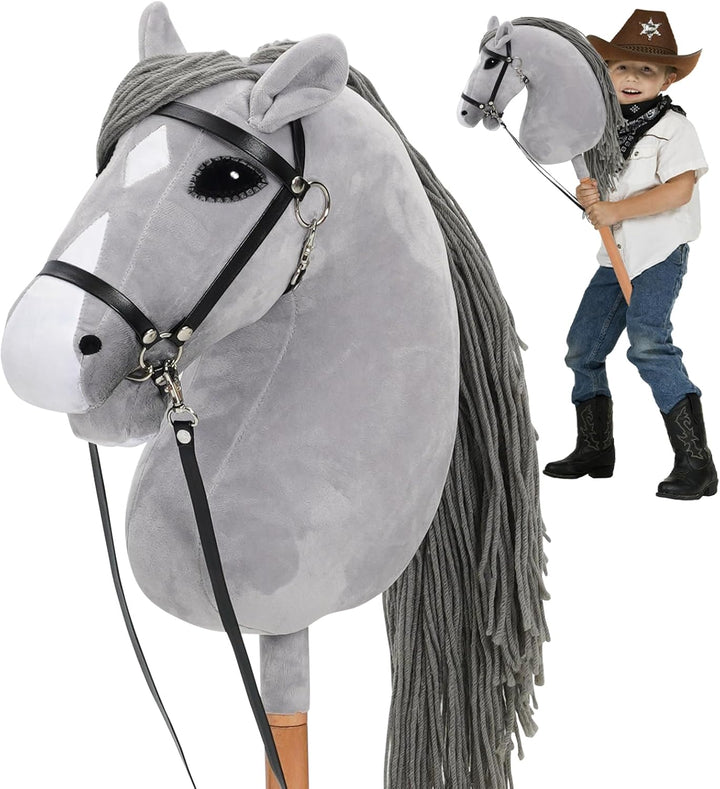 Hobby Horse für Kinder, Steckenpferd Spielzeug Pferd mit Halfter und Zügeln, Holzpferd Plüschpferd S