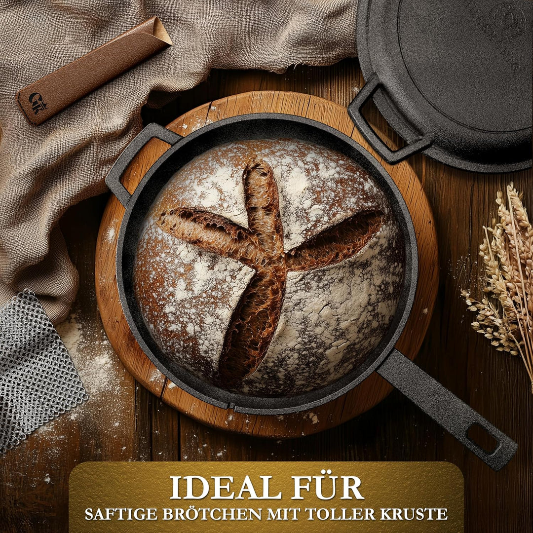 Gusseisen Topf Brot Backen mit Gärkörbchen – eingebrannte Brotbackform mit Deckel: 3L Topf & 1,5L Pf