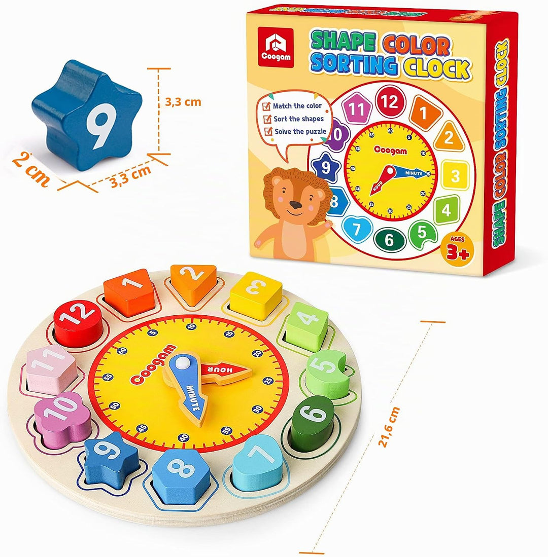 Coogam Lernuhr Holz Montessori Spielzeug mit 12 Steck-Formen Sortierung - Anzahl Blöcke Puzzle Stape