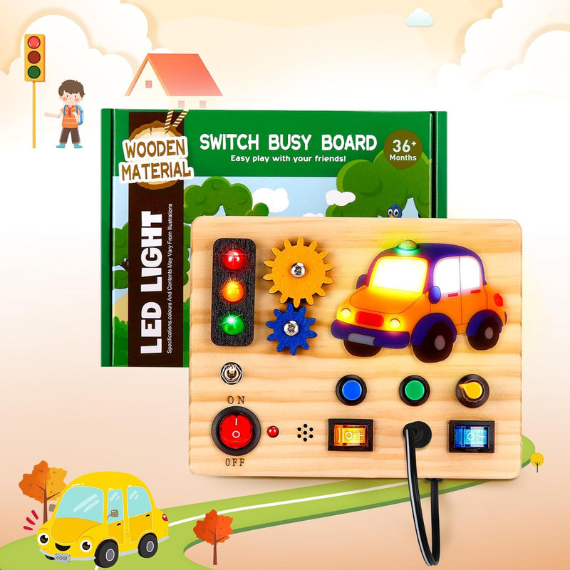 Auney Montessori Busy Board Activity Board ab 1 Jahr Auto-Lichtschalter Spielzeug, LED Holzspielzeug